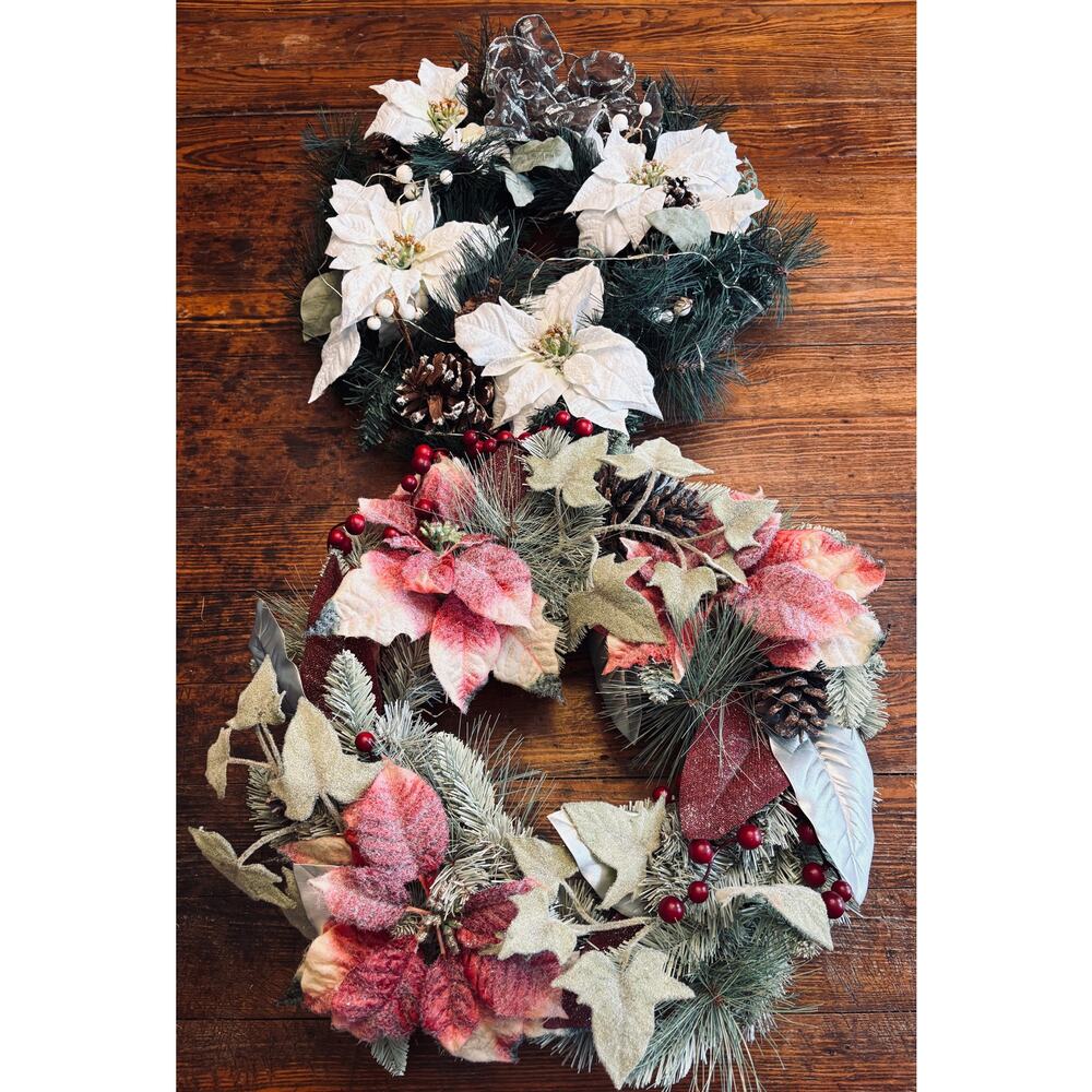 Set of 2 Handmade 19” Poinsettia Winter Wreaths with Greenery Wire Backs